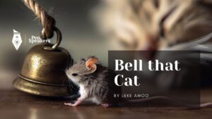 A mouse trying to bell a sleeping cat