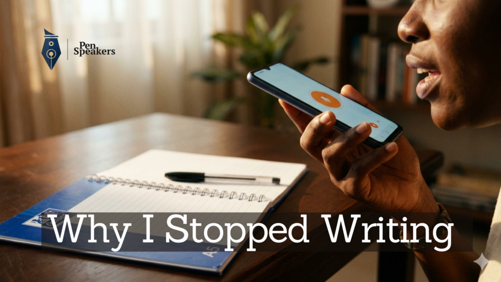 Woman speaks into a phone while notepad stays empty with pen on it