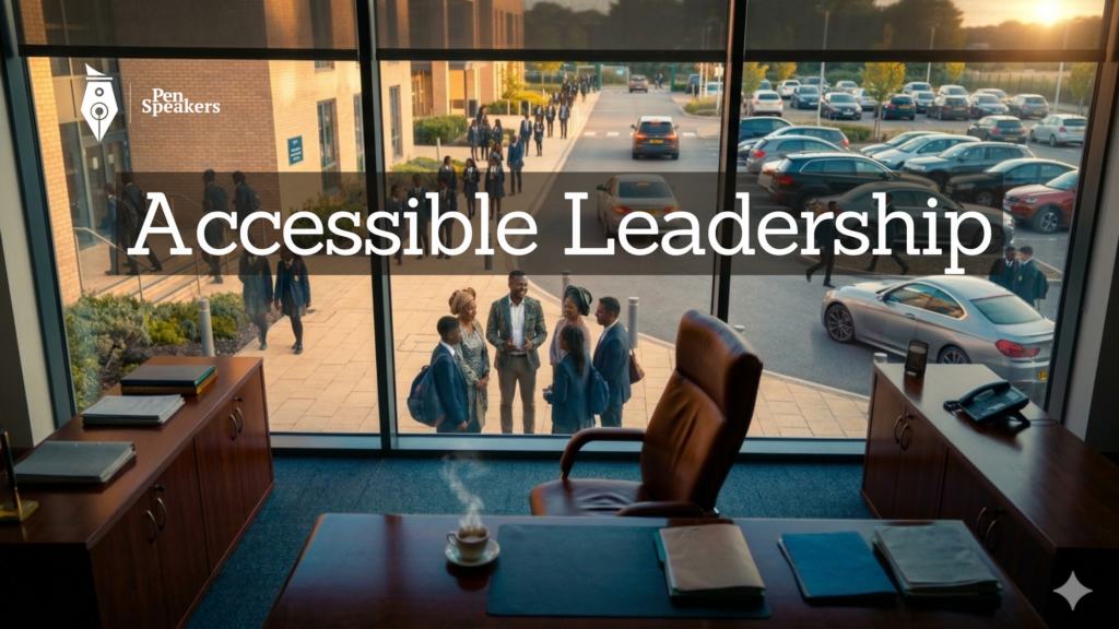 A corner office — large, impressive, well-furnished — completely empty. The leather chair pushed back as if someone just stood up and left. Through the floor-to-ceiling window, the same person is visible far below in the car park or courtyard, surrounded by people, laughing, connecting. The contrast tells the whole story. Cinematic, thoughtful, powerful.