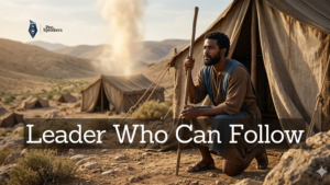 Photorealistic cinematic shot of the Biblical Joshua, a strong young man with dark skin and a short beard, kneeling faithfully at the entrance of a weathered canvas tent in a desert landscape. He wears simple, earthy-toned ancient robes and holds a wooden staff, his expression one of quiet devotion and patient vigilance. In the background, a soft pillar of cloud and light descends upon a central tent amidst a sprawling camp of simple dwellings under a vast, pale sky.