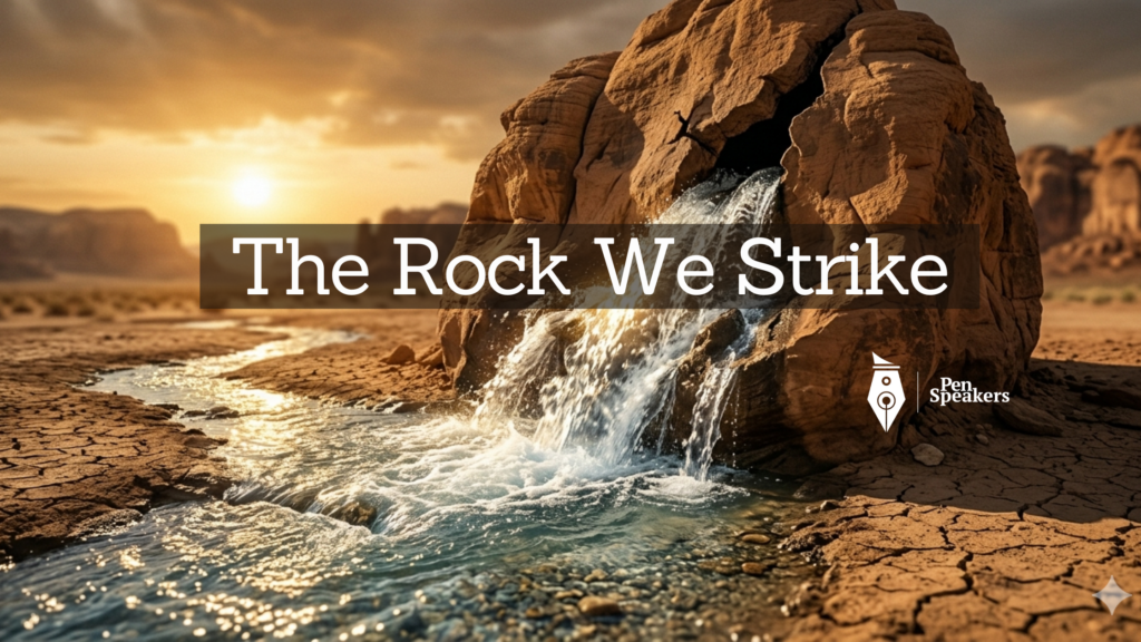 A large, ancient stone rock in a dry wilderness landscape. From a crack in the rock, impossibly clear and abundant water pours out, catching the sunlight and flowing across the parched ground. The contrast between the dead stone and the living water is breathtaking. No human figure visible. The rock and the water tell the entire story. Wide cinematic shot, warm golden desert light, photorealistic and deeply symbolic.
