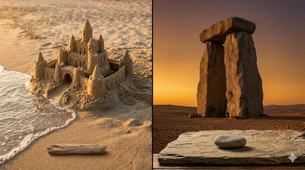 Two scenes in one wide frame. Foreground: a beautifully detailed sandcastle, intricate and impressive, with a wave just beginning to reach it. Background: a vast, ancient stone monument, solid and unchanged, standing against a golden sky. Neither is labelled. The viewer immediately understands. Wide cinematic shot, warm golden tones, beautiful and quietly melancholic.