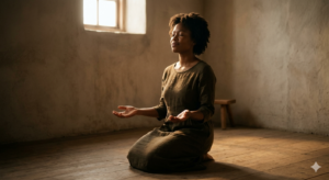 A young woman kneels in a simple, softly lit room, not in desperation but in deliberate surrender. Her hands are open at her sides, palms up. Her face is lifted slightly, eyes closed, expression peaceful and resolved. A single window above her lets in morning light that falls across her like a blessing. Photorealistic. Rembrandt-style lighting. No religious iconography. Mood: Isaiah's prayer made flesh, "Here am I, send me," the most dangerous and beautiful thing a person can say.