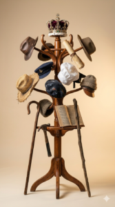 A single wooden hat stand with thirteen different hats hanging from it, each one representing a different role, a crown for the prince, a shepherd's crook leaning beside it, a scroll for the writer, a staff for the miracle worker, a hammer for the builder, a songbook for the composer. Each hat is distinct, each one real, all of them belonging to the same person. Warm golden studio lighting, clean background, slightly surreal and beautiful. The image immediately raises the question: how many hats do you wear?