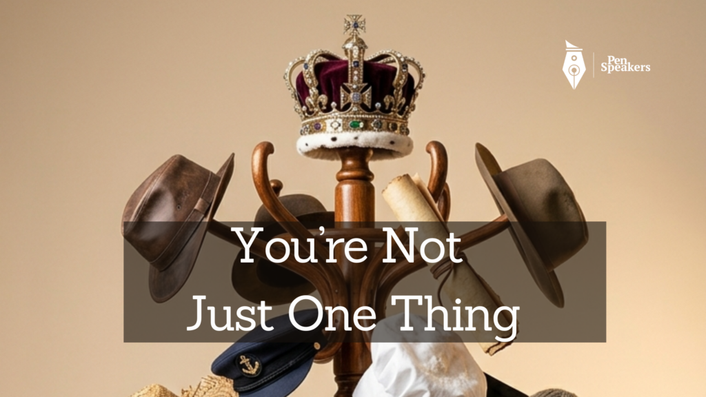 A single wooden hat stand with thirteen different hats hanging from it, each one representing a different role, a crown for the prince, a shepherd's crook leaning beside it, a scroll for the writer, a staff for the miracle worker, a hammer for the builder, a songbook for the composer. Each hat is distinct, each one real, all of them belonging to the same person. Warm golden studio lighting, clean background, slightly surreal and beautiful. The image immediately raises the question: how many hats do you wear?