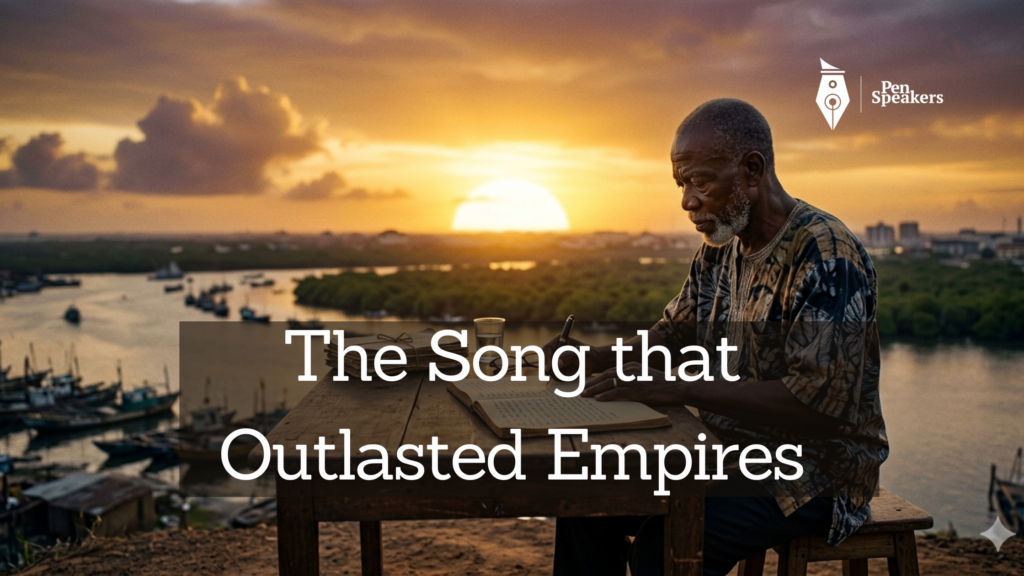 An elderly man, clearly in his final years, sitting at a simple wooden table at the edge of a vast landscape. He is writing. The sunset behind him is extraordinary, golden and wide, suggesting the end of a great life. But his pen is still moving. His work is not finished. The image speaks of legacy, of creating something that will outlast the writer. Cinematic, deeply moving, photorealistic.