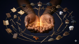A pair of hands holding a single golden thread. Around the hands, loosely connected to the thread, are dozens of small objects representing different roles and callings, books, tools, instruments, a shepherd's crook, a crown, a pen. Everything is held together by the single thread running through it all. Surreal, artistic, deeply symbolic. Dark background, warm golden thread glowing at the centre.