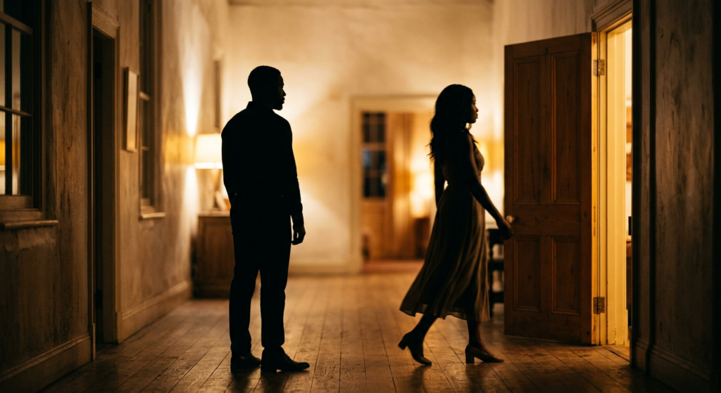 Two silhouettes in a warmly lit corridor, slightly blurred, stepping apart from each other, one turning toward an open door, the other remaining still. No faces visible. The light source is behind them, creating a halo effect around both figures. The space between them feels charged but resolved. Shot with a long lens, shallow depth of field, golden interior light. Mood: restraint honoured, a moment not crossed, quiet dignity.