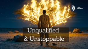 A lone man, seen from behind, stands barefoot before a massive acacia tree consumed entirely by brilliant golden fire, yet the surrounding desert is untouched. The night sky stretches vast and starlit above him. His posture is not one of terror but of stunned stillness, shoulders slightly dropped, one sandal lying on the ground beside him. The fire reflects in the sand around his feet. Ultra-wide cinematic frame, IMAX ratio, deep contrast between the cool midnight blue of the desert and the intense warm fire. Mood: the moment God interrupts an ordinary life with an extraordinary call. Shot on ARRI Alexa, anamorphic lens flare.