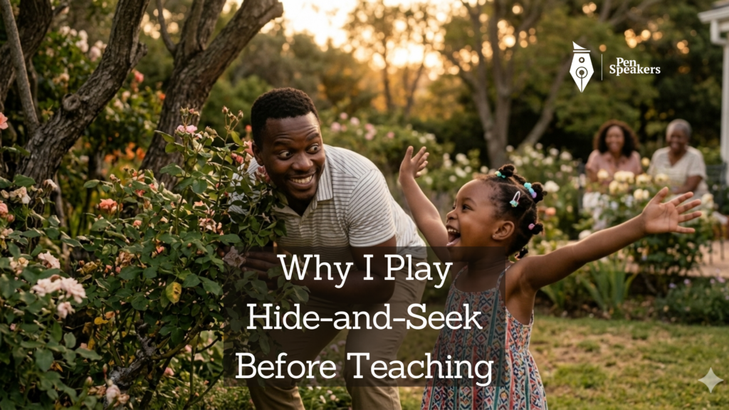 A father and a young girl, around five or six, are caught mid-laughter in a garden at dusk. The father is crouched behind a low bush, peeking out with exaggerated wide eyes, the little girl has just found him, arms thrown wide, mouth open in pure delight. The warm amber light of early evening falls across both of them. The mother and grandmother are blurred softly in the background, smiling. Photorealistic. Shot on Canon R5, 50mm f/1.4, golden hour. Mood: spontaneous, unposed joy, the father fully present, the child completely safe. The image of a relationship being built one laugh at a time.