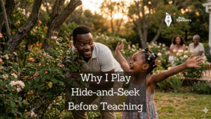 A father and a young girl, around five or six, are caught mid-laughter in a garden at dusk. The father is crouched behind a low bush, peeking out with exaggerated wide eyes, the little girl has just found him, arms thrown wide, mouth open in pure delight. The warm amber light of early evening falls across both of them. The mother and grandmother are blurred softly in the background, smiling. Photorealistic. Shot on Canon R5, 50mm f/1.4, golden hour. Mood: spontaneous, unposed joy, the father fully present, the child completely safe. The image of a relationship being built one laugh at a time.