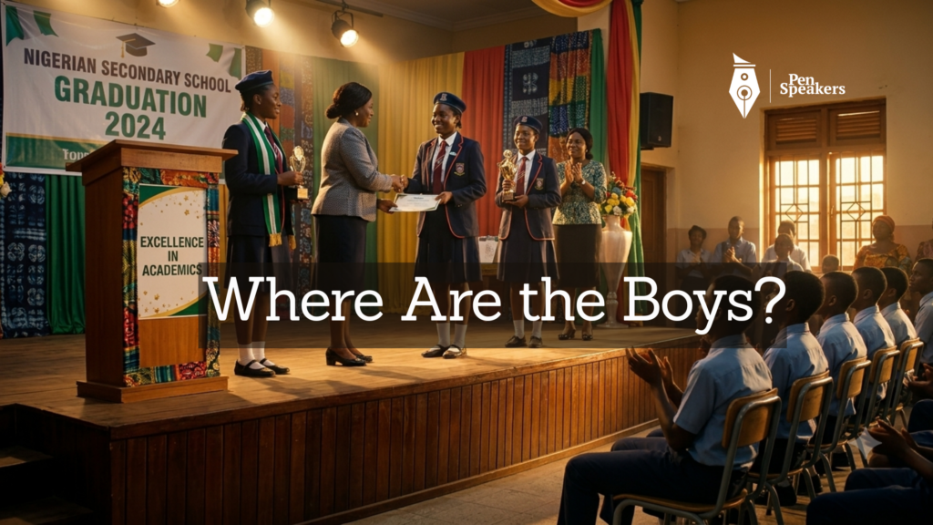 A graduation ceremony stage with an awards podium. Several confident female students stand receiving awards under bright celebratory light. In the audience below, a row of boys sits watching and clapping, partially in shadow. The contrast between those on the stage and those watching from below tells the story. Warm ceremonial lighting, photorealistic, cinematic composition, Nigerian secondary school setting.