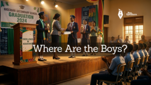 A graduation ceremony stage with an awards podium. Several confident female students stand receiving awards under bright celebratory light. In the audience below, a row of boys sits watching and clapping, partially in shadow. The contrast between those on the stage and those watching from below tells the story. Warm ceremonial lighting, photorealistic, cinematic composition, Nigerian secondary school setting.