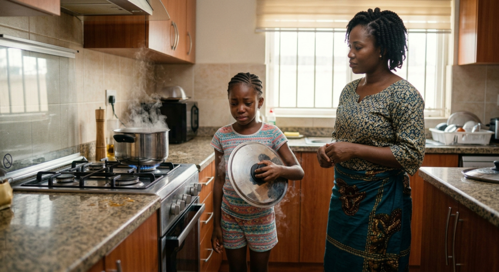 A photorealistic, emotional medium shot set in a warm, sunlit modern kitchen in Nigeria. An 8-year-old Nigerian girl with braided hair stands near a kitchen counter, teary-eyed, looking down at a steam-covered pot lid with a black rubber handle resting on the floor. In the background on a gas cooker, an open pot of pepper soup emits visible steam. A calm Nigerian mother in home attire stands slightly to the side, looking at her daughter with an encouraging, grounded, and patient expression—guiding her with her presence rather than stepping in. Cinematic morning light streaming through a window, rich skin tones, natural textures, soft depth of field, hyper-detailed metallic and rubber surfaces, shot on a 35mm lens, high-resolution editorial photography.