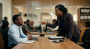 Photorealistic image of a Nigerian professional woman in office attire, leaning slightly forward across a desk, pointing her finger at a man seated across from her. His expression is calm but uncomfortable. Other colleagues are visible slightly out of focus in the background. Warm office lighting. Cinematic composition. No text.