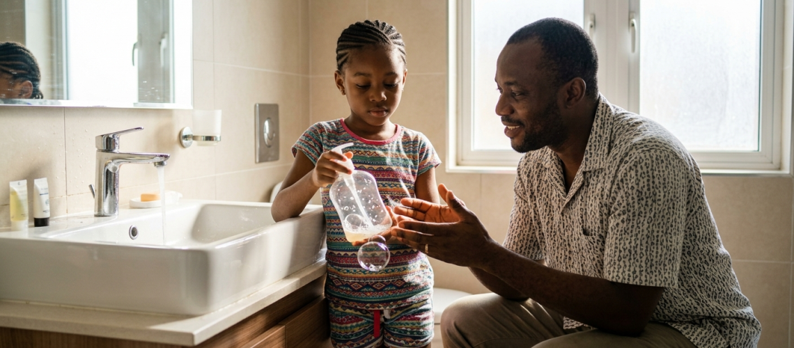 A photorealistic, expressive medium shot in a modern, brightly lit Nigerian bathroom. An 8-year-old Nigerian girl with braided hair stands near a pristine sink, holding an almost empty transparent plastic bottle of liquid hand soap. Her father, a Nigerian man in relaxed home clothing, kneels slightly beside her, gesturing gently to explain something with a patient, wise, and warm expression. Sunlight pouring through a frosted window, sharp focus, natural skin textures, dynamic contrast, hyper-detailed soap bubbles, shot on a 35mm lens, realistic editorial photography.
