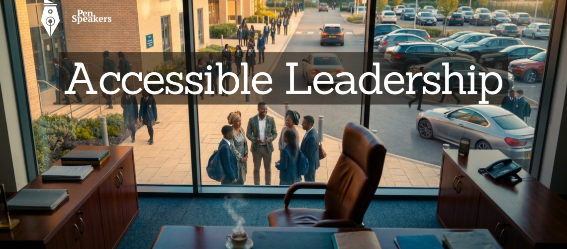 A corner office — large, impressive, well-furnished — completely empty. The leather chair pushed back as if someone just stood up and left. Through the floor-to-ceiling window, the same person is visible far below in the car park or courtyard, surrounded by people, laughing, connecting. The contrast tells the whole story. Cinematic, thoughtful, powerful.