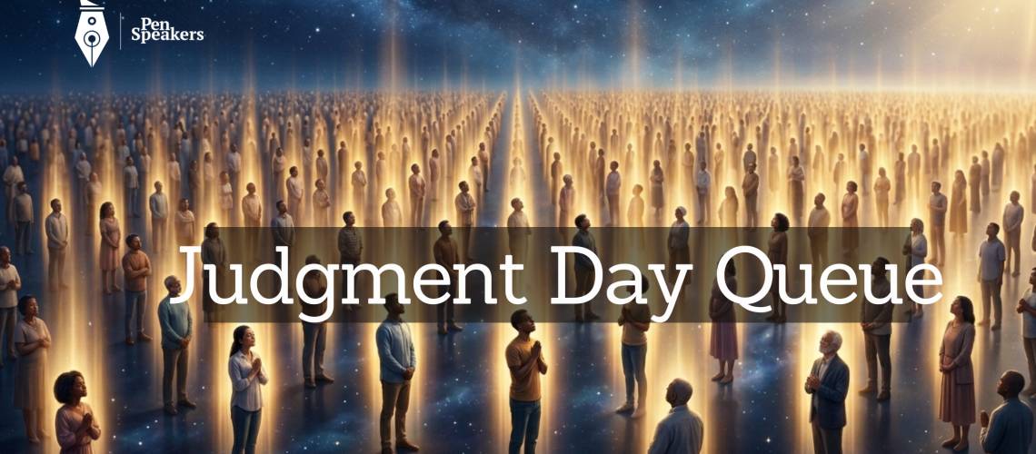 A vast, misty space where millions of people are standing, but each one is in a private, direct circle of light with God, as if they are the only person there. No one is 