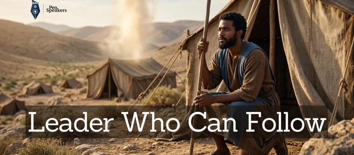 Photorealistic cinematic shot of the Biblical Joshua, a strong young man with dark skin and a short beard, kneeling faithfully at the entrance of a weathered canvas tent in a desert landscape. He wears simple, earthy-toned ancient robes and holds a wooden staff, his expression one of quiet devotion and patient vigilance. In the background, a soft pillar of cloud and light descends upon a central tent amidst a sprawling camp of simple dwellings under a vast, pale sky.