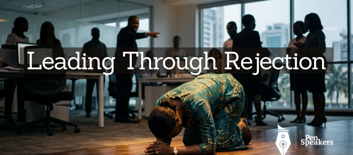 A female leader on her knees, forehead bowed low to the ground in prayer. Around her, the faint silhouettes of jeering accusers, male and female are visible but out of focus. 2 or 3 accusers are pointing at the leader. The leader is sharp and clear — this is the moment of greatest strength, not weakness. Warm intimate light from above. Cinematic, photorealistic, contemplative. The posture of surrender that becomes the posture of power. Not in a religious setting. It may be an open office. Context is Nigerian.
