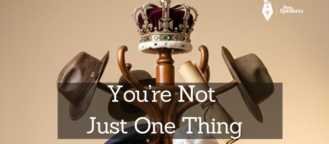 A single wooden hat stand with thirteen different hats hanging from it, each one representing a different role, a crown for the prince, a shepherd's crook leaning beside it, a scroll for the writer, a staff for the miracle worker, a hammer for the builder, a songbook for the composer. Each hat is distinct, each one real, all of them belonging to the same person. Warm golden studio lighting, clean background, slightly surreal and beautiful. The image immediately raises the question: how many hats do you wear?