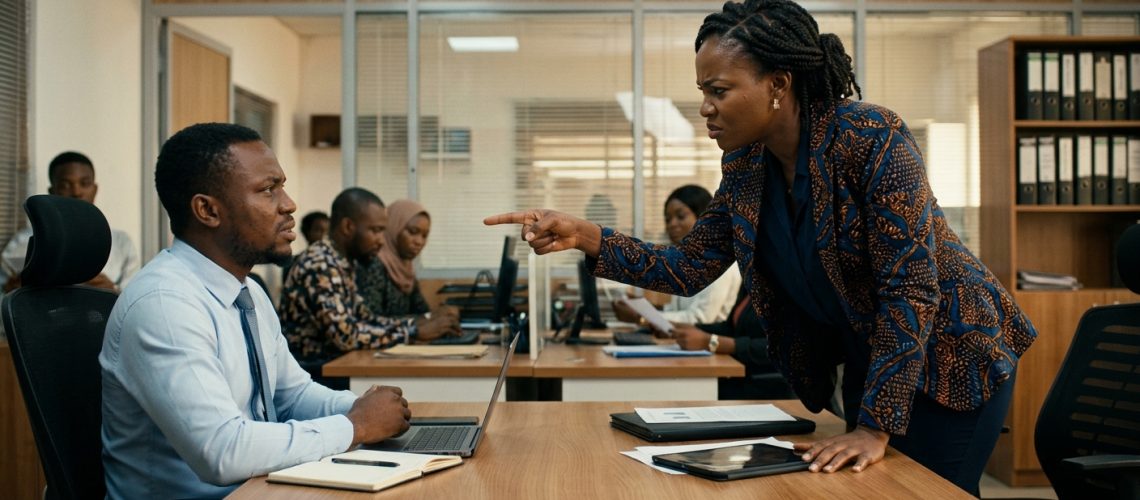Photorealistic image of a Nigerian professional woman in office attire, leaning slightly forward across a desk, pointing her finger at a man seated across from her. His expression is calm but uncomfortable. Other colleagues are visible slightly out of focus in the background. Warm office lighting. Cinematic composition. No text.