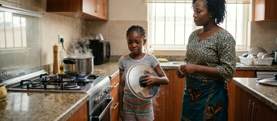 A photorealistic, emotional medium shot set in a warm, sunlit modern kitchen in Nigeria. An 8-year-old Nigerian girl with braided hair stands near a kitchen counter, teary-eyed, looking down at a steam-covered pot lid with a black rubber handle resting on the floor. In the background on a gas cooker, an open pot of pepper soup emits visible steam. A calm Nigerian mother in home attire stands slightly to the side, looking at her daughter with an encouraging, grounded, and patient expression—guiding her with her presence rather than stepping in. Cinematic morning light streaming through a window, rich skin tones, natural textures, soft depth of field, hyper-detailed metallic and rubber surfaces, shot on a 35mm lens, high-resolution editorial photography.