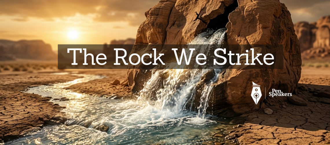 A large, ancient stone rock in a dry wilderness landscape. From a crack in the rock, impossibly clear and abundant water pours out, catching the sunlight and flowing across the parched ground. The contrast between the dead stone and the living water is breathtaking. No human figure visible. The rock and the water tell the entire story. Wide cinematic shot, warm golden desert light, photorealistic and deeply symbolic.