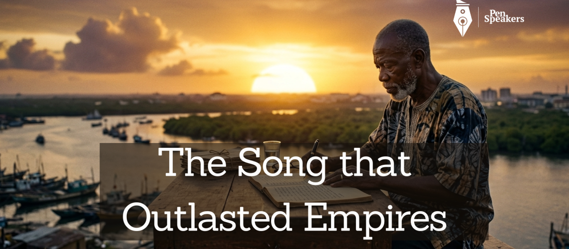 An elderly man, clearly in his final years, sitting at a simple wooden table at the edge of a vast landscape. He is writing. The sunset behind him is extraordinary, golden and wide, suggesting the end of a great life. But his pen is still moving. His work is not finished. The image speaks of legacy, of creating something that will outlast the writer. Cinematic, deeply moving, photorealistic.