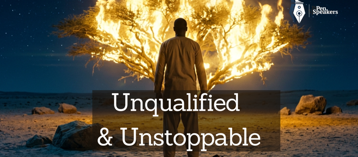 A lone man, seen from behind, stands barefoot before a massive acacia tree consumed entirely by brilliant golden fire, yet the surrounding desert is untouched. The night sky stretches vast and starlit above him. His posture is not one of terror but of stunned stillness, shoulders slightly dropped, one sandal lying on the ground beside him. The fire reflects in the sand around his feet. Ultra-wide cinematic frame, IMAX ratio, deep contrast between the cool midnight blue of the desert and the intense warm fire. Mood: the moment God interrupts an ordinary life with an extraordinary call. Shot on ARRI Alexa, anamorphic lens flare.
