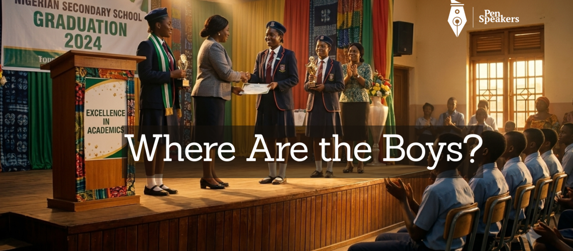 A graduation ceremony stage with an awards podium. Several confident female students stand receiving awards under bright celebratory light. In the audience below, a row of boys sits watching and clapping, partially in shadow. The contrast between those on the stage and those watching from below tells the story. Warm ceremonial lighting, photorealistic, cinematic composition, Nigerian secondary school setting.