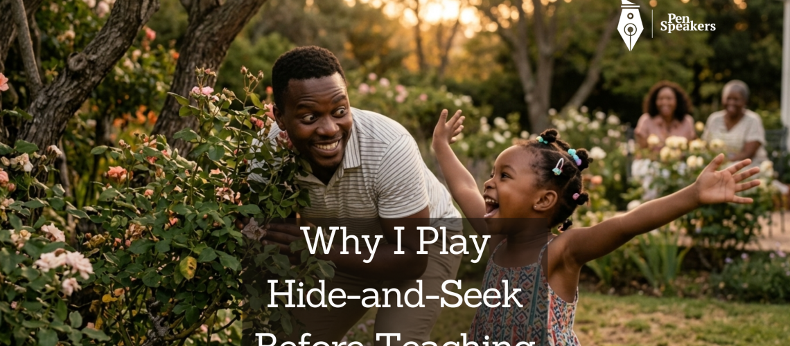 A father and a young girl, around five or six, are caught mid-laughter in a garden at dusk. The father is crouched behind a low bush, peeking out with exaggerated wide eyes, the little girl has just found him, arms thrown wide, mouth open in pure delight. The warm amber light of early evening falls across both of them. The mother and grandmother are blurred softly in the background, smiling. Photorealistic. Shot on Canon R5, 50mm f/1.4, golden hour. Mood: spontaneous, unposed joy, the father fully present, the child completely safe. The image of a relationship being built one laugh at a time.